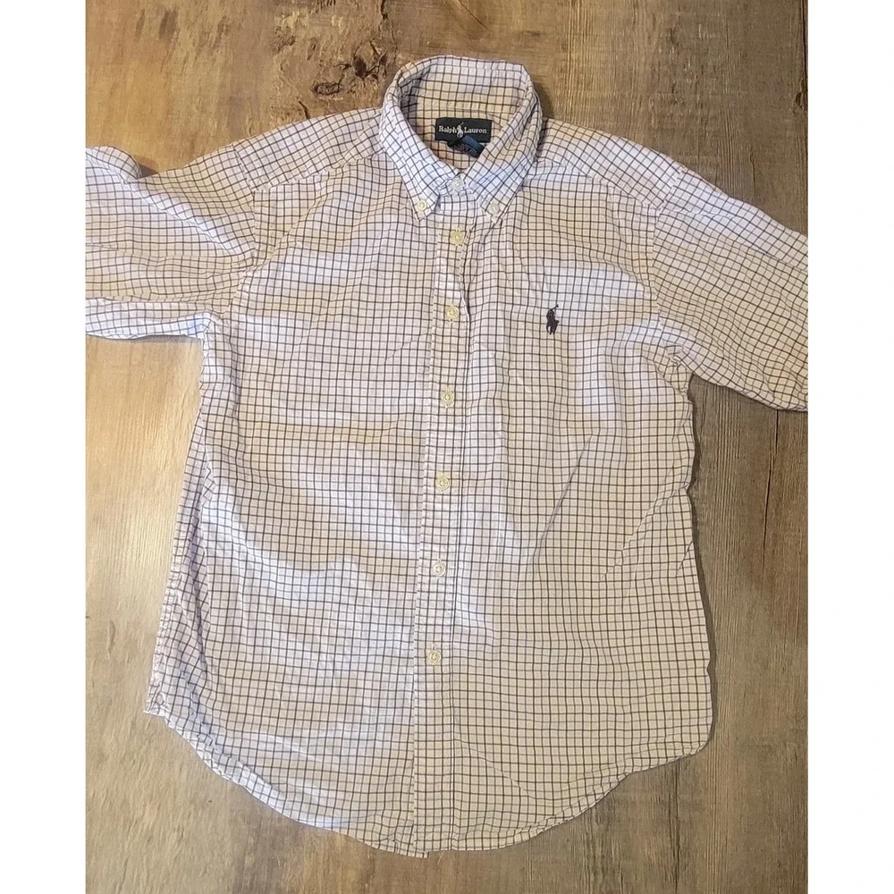 Ralph Lauren Boys Blue White Tattersall Check Button Down Shirt M 10-12 Cotton